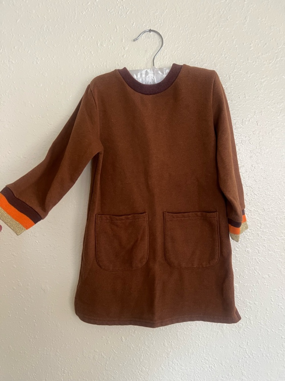 Leveret Brown Pocket Knit Dress with Stripe Cuffs Girls 5